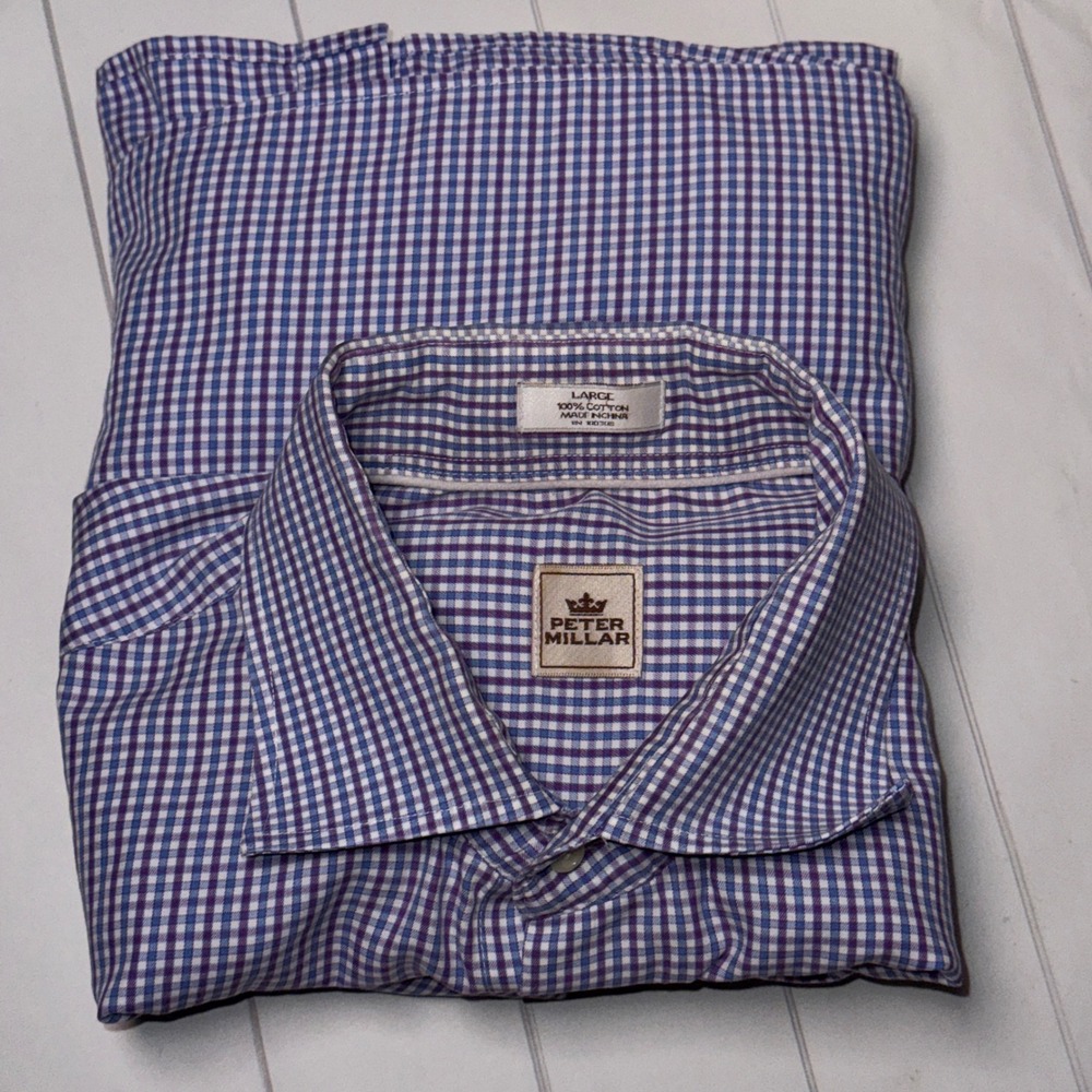 Peter Millar 100% Cotton Button Shirt Blue/Purple Plaid Long Sleeve Dressy Large